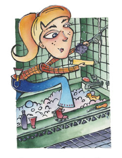 This is a graphic of a woman installing a tile shower.